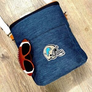 Detroit Lions Blue Cooler Bag with Football Sunglasses ready for tailgate